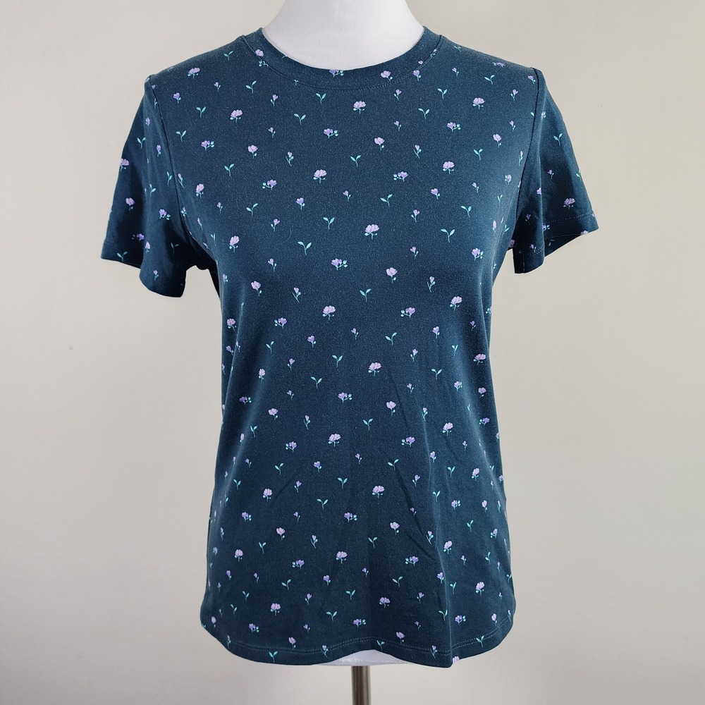 Twik Simons Shirt Womens Medium Navy Floral Slim Fit Organic Cotton Spandex Tee